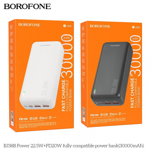 Мобильный аккумулятор Аккумулятор внешний Borofone BJ38B Power, 30000mAh, PD20Вт, пластик,  2 USB выхода, Type-C, 3.0A, цвет: белый (1/24) (6941991105616)