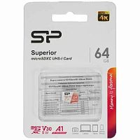 Карта памяти MicroSD  64GB  Silicon Power Class 10  Superior UHS-I U3 A1 (R/W 100/80 Mb/s) без адаптера (SP064GBSTXDV3V20)