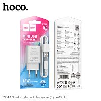 Блок питания сетевой 1 USB HOCO C134A Solid, 3000mA, пластик, 2.4A, кабель USB - Type-C, цвет: белый (1/28/168) (6942007621366)