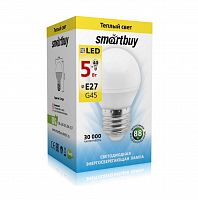 Лампа светодиодная SMARTBUY GL45 5Вт 220V 3000K E27 (глоб, тёплый свет) (1/10/50) (SBL-G45-05-30K-E27)