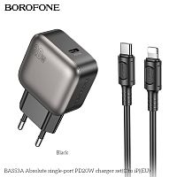 Блок питания сетевой 1 Type-C Borofone BAS53A Absolute, пластик, PD20Вт, QC3.0, кабель Type-C - 8 pin, цвет: чёрный (1/48/192) (6941991116186)