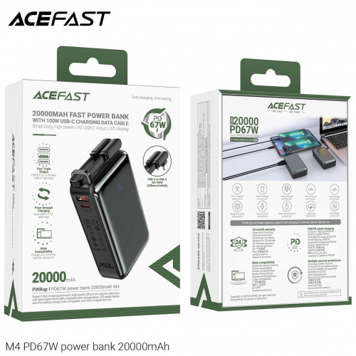 Мобильный аккумулятор Аккумулятор внешний ACEFAST M4, 20000mAh, 1 USB, 2 Type-C выхода, PD67 Вт, QC3.0, цвет: чёрный (1/40) (6974316282723)