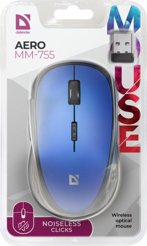 Беспроводная мышь DEFENDER Aero MM-755, безшумная, 5 кнопок, 1600dpi, USB, синий (1/40) (52755) фото 10
