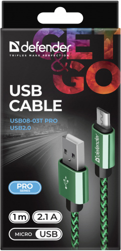 Кабель DEFENDER USB08-03T PRO USB2.0, зеленый, AM-MicroBM, 1m, 2.1A (1/100) (87804) фото 9