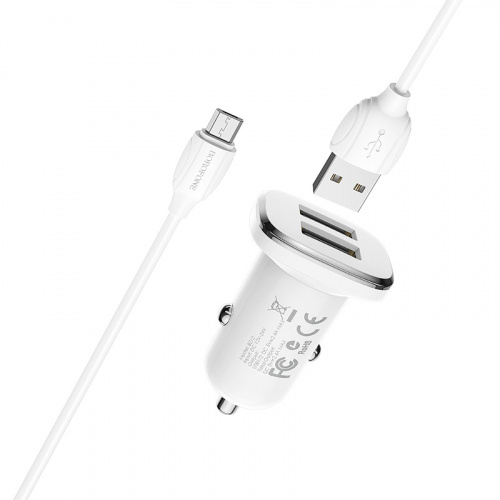 Блок питания автомобильный 2 USB Borofone BZ12, Lasting, 2400mA, пластик, кабель микро USB, цвет: белый (1/44/176) (6931474708663) фото 4