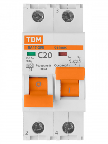 Автоматический выключатель с механической блокировкой (байпас) ВА47-29Б 1Р+1Р 20А 4,5кА х-ка C TDM (1/60) (SQ0206-0401) фото 6