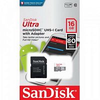 Карта памяти MicroSD  16GB  SanDisk Class 10 Ultra Android UHS-I (80 Mb/s) + SD адаптер (SDSQUNS-016G-GN3MA)