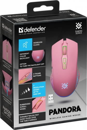 Беспроводная игровая мышь DEFENDER Pandora GM-502, 7кнопок,3200dpi,500мАч, розовый (1/60)  (52501) фото 2