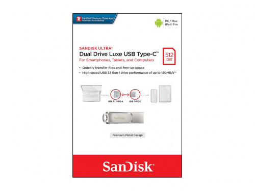 Флеш-накопитель USB 3.1  512GB  SanDisk  Ultra Dual Drive Luxe USB Type-C, серебро (SDDDC4-512G-G46)