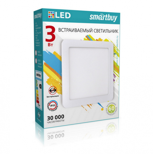 Светильник светодиодный SMARTBUY встраиваемый DL Square-3w/4000K/IP20 (SBL-DLSq-3-4K), квадратный (нейтральный свет) (1/100)