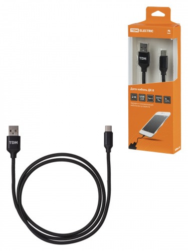 Дата-кабель TDM ДК 8, USB - USB Type-C, 1 м, тканевая оплетка, черный, (1/200) (SQ1810-0308)