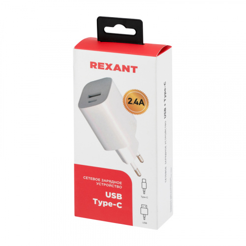 Сетевое зарядное устройство REXANT USB + Type-C, 5V, 2.4 A, белое (1/100) (16-0296) фото 3