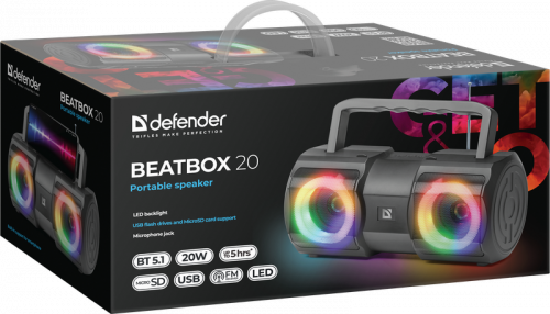 Портативная колонка DEFENDER Beatbox 20 20Вт, Light/BT/MIC/FM/USB/TF, черный (1/8) (65420) фото 2