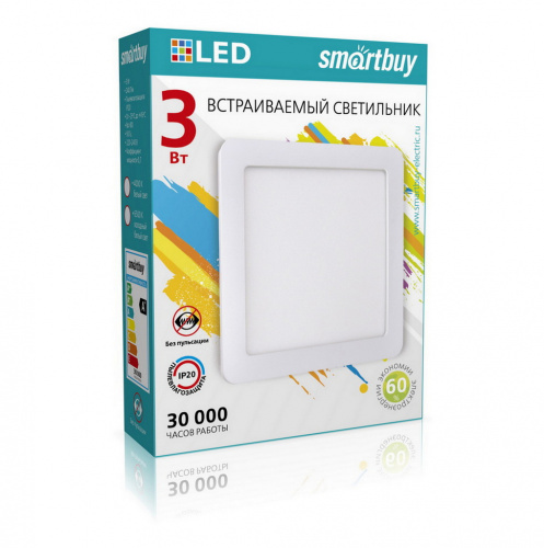 Светильник светодиодный SMARTBUY встраиваемый DL Square-3w/6500K/IP20 (SBL-DLSq-3-65K), квадратный (холодный свет) (1/100)