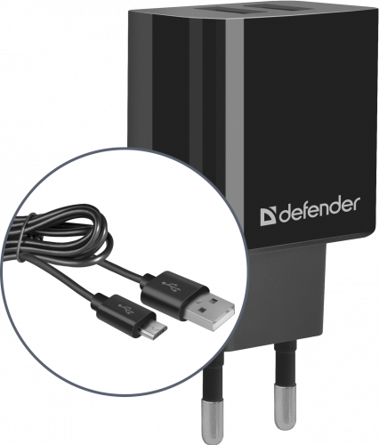 Адаптер сетевой Defender UPC-21, черный, 2xUSB, 5V/2.1А, кабель microUSB (1/100) (83581) фото 2