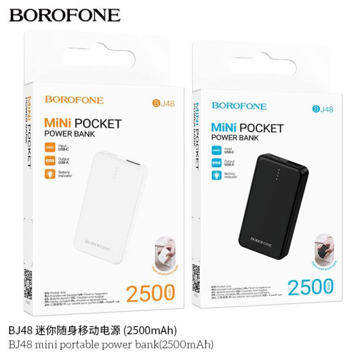 Мобильный аккумулятор Аккумулятор внешний Borofone BJ48 mini, 2500mAh, пластик, USB, Type-C, 1.0A, цвет: чёрный (1/143) (6941991111280)