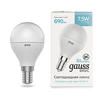 Лампа светодиодная GAUSS Basic Шар 7,5W 690lm 4100K E14 1/10/100 (1053128)