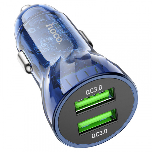 Блок питания автомобильный 2 USB HOCO Z47 TDE, 3000mA, пластик, QC3.0, PD20Вт, цвет: синий (1/13/130) (6931474782229)