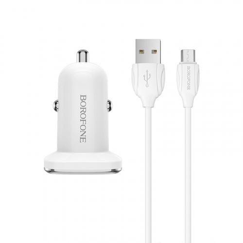 Блок питания автомобильный 2 USB Borofone BZ12, Lasting, 2400mA, пластик, кабель микро USB, цвет: белый (1/44/176) (6931474708663) фото 2