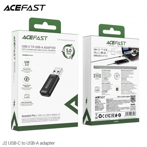 Переходник Type-C(f) - USB 3.0(m), ACEFAST J2, плоский, пластик, цвет: чёрный (1/40/320) (6974316283003)