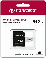 Карта памяти MicroSDXC  512GB  Transcend 300S UHS-I U3 V30 A1 +SD адаптер (TS512GUSD300S-A)