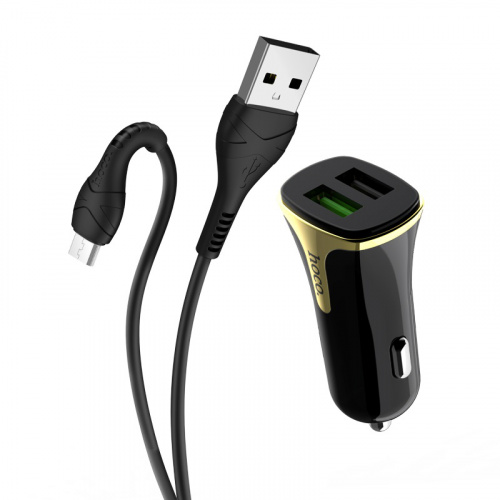 Блок питания автомобильный 2 USB HOCO Z31, Universe, 3400mA, пластик, QC3.0, кабель микро USB, цвет: чёрный (1/14/140) (6931474709837)