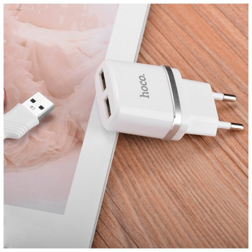 Блок питания сетевой 2 USB HOCO C12, 2400mA, пластик, цвет: белый (1/10/100) (6957531047759) фото 10