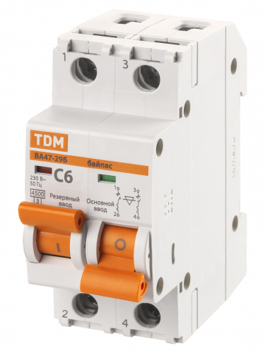 Автоматический выключатель с механической блокировкой (байпас) ВА47-29Б 1Р+1Р  6А 4,5кА х-ка C TDM (1/60) (SQ0206-0414) фото 6