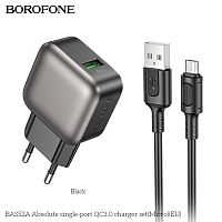 Блок питания сетевой 1 USB Borofone BAS52A Absolute, пластик, PD18Вт, QC3.0, кабель USB - микро USB, цвет: чёрный (1/48/192) (6941991116155)