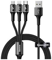 Кабель USB Series 3-in- 8 pin, Type-C, микро USB Baseus, CAMLT-HA01, Halo, 1.2м, круглый, 3.5A, нейлон,алюминий, цвет: чёрный (6953156214552)