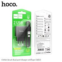 Блок питания сетевой 2 USB HOCO C141A Smart, 2100mA, пластик, кабель USB - Type-C, цвет: чёрный (1/28/168) (6942007627900)