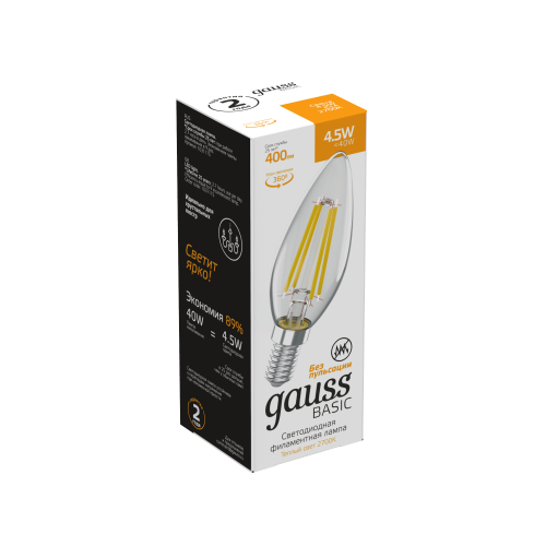 Лампа светодиодная GAUSS Basic Filament Свеча 4,5W 400lm 2700К Е14 1/10/50 (1031115)