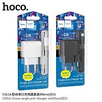 Блок питания сетевой 1 USB HOCO CS11A Ocean, 2.1А, кабель USB -  микро USB, цвет: чёрный (1/30/180) (6942007603584)