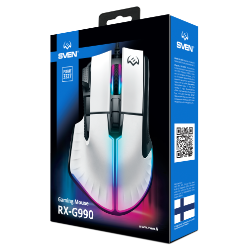 Мышь проводная игровая SVEN RX-G990  (8+1кл. 200-12400 DPI, ПО, RGB-подсветка, игров. упак), бело-черный (1/20) (SV-021757) фото 2