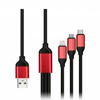 Дата-кабель Smartbuy USB - 3 в 1 Micro+C+8pin, резин, толст. 1.2 м, до 3А черный (iK-312QBOMB black)