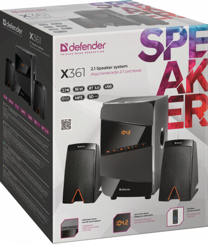 Акустическая система DEFENDER 2.1 X361, черный, 36Вт, BT/FM/MP3/SD/USB/LED/RC (1/4) (65361) фото 10