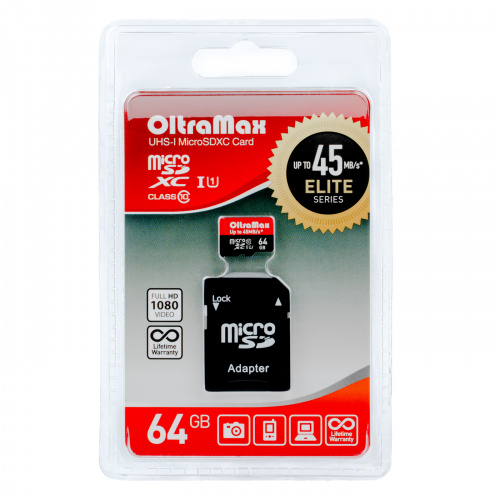 Карта памяти MicroSD  64GB  OltraMax Class 10 Elite UHS-I (45 Mb/s) + SD адаптер (OM064GCSDXC10UHS-1-ElU1)