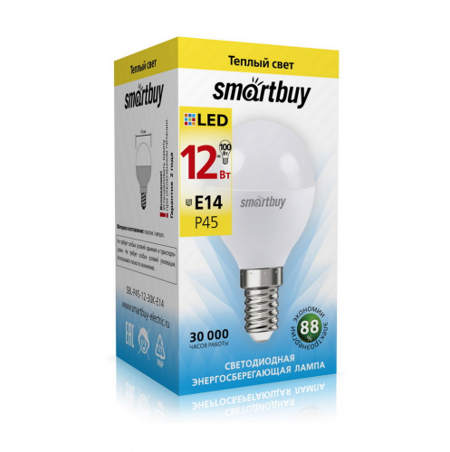 Лампа светодиодная SMARTBUY P45 12Вт 220V 3000K E14 (теплый свет) (10/100) (SBL-P45-12-30K-E14)