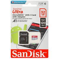 Карта памяти MicroSD  32GB  SanDisk Class 10 Ultra UHS-I  A1 (120 Mb/s) + SD адаптер (SDSQUA4-032G-GN6MA)