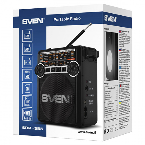 Радиоприемник SVEN SRP-355 (мощность 3 Вт (RMS), FM/AM/SW, USB, SD/microSD, фонарь, встроенный аккумулятор), черный (1/20) (SV-017125) фото 5