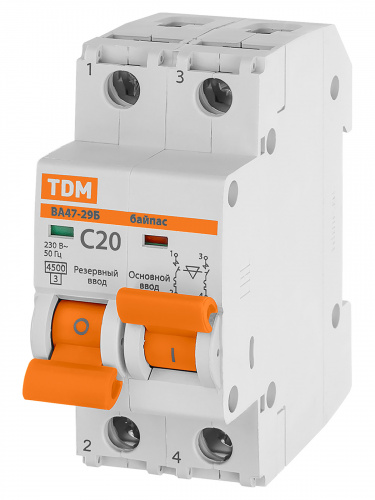 Автоматический выключатель с механической блокировкой (байпас) ВА47-29Б 1Р+1Р 20А 4,5кА х-ка C TDM (1/60) (SQ0206-0401) фото 7