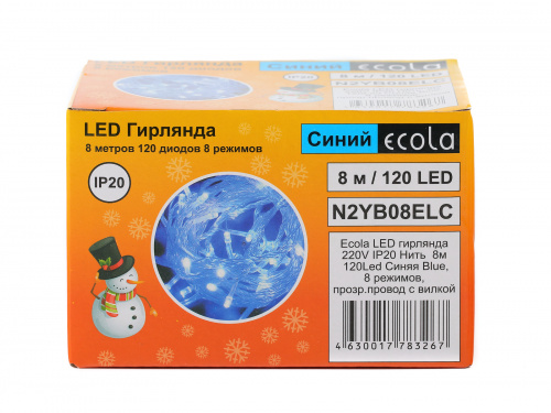 Гирлянда светодиодная ECOLA 220V IP20 Нить 8м 120Led Синяя Blue, 8 режимов, прозр.провод с вилкой (1/30) (N2YB08ELC) фото 8