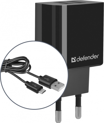 Адаптер сетевой Defender UPC-21, черный, 2xUSB, 5V/2.1А, кабель microUSB (1/100) (83581) фото 3