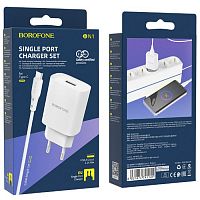 Блок питания сетевой 1 USB Borofone BN1, 2100mA, пластик, кабель Type-C, цвет: белый(1/60/240) (6931474741141)