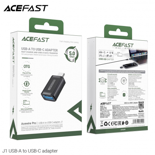 Переходник Type-C(m) - USB 3.0(f), ACEFAST J1, плоский, пластик, цвет: чёрный (1/40/320) (6974316282990)