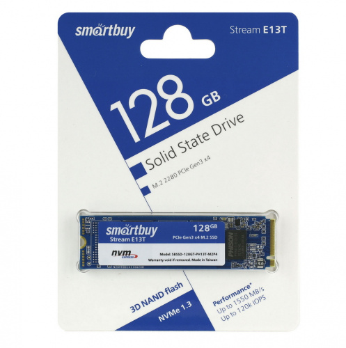 яВнутренний SSD  Smart Buy  128GB  Stream E13T, PCIe Gen3 x4, R/W - 1550/1700 MB/s, (M.2), 2280, Phison PS5013-E (SBSSD-128GT-PH13T-M2P4)