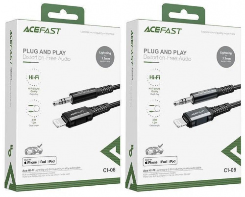 Кабель AUX, Jack 3,5mm(m) - 8 pin(m) ACEFAST C1-06, 1.2м, круглый, ткань, цвет: чёрный (1/24/192) (6974316280583)