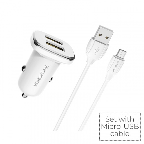 Блок питания автомобильный 2 USB Borofone BZ12, Lasting, 2400mA, пластик, кабель микро USB, цвет: белый (1/44/176) (6931474708663)