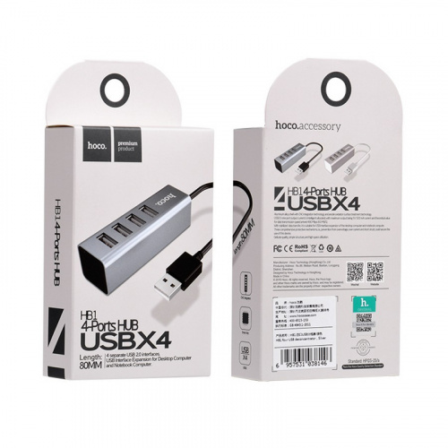 USB-концентратор HOCO HB1, 4 гнезда, 1 USB выход, цвет: серый (1/12/120) (6957531038139) фото 7