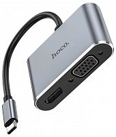 USB-концентратор HOCO HB30, металл, HDTV, VGA, USB3.0, PD100Вт, кабель Type-C 0,2м, цвет: серый (1/18/180) (6931474778307)